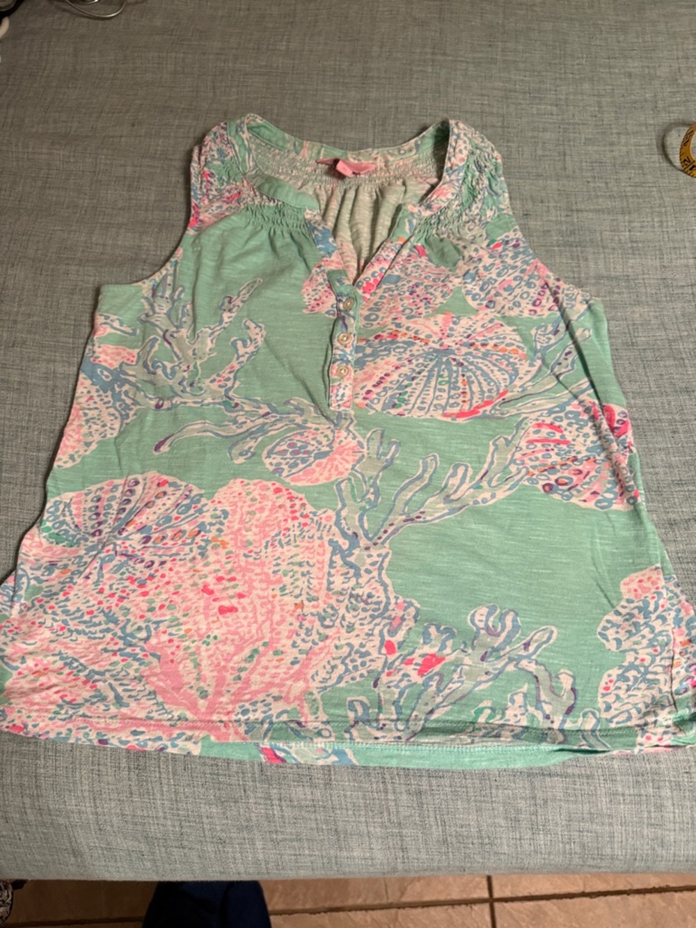 Lilly Pulitzer Mint Floral Shell-Print Henley Tank
